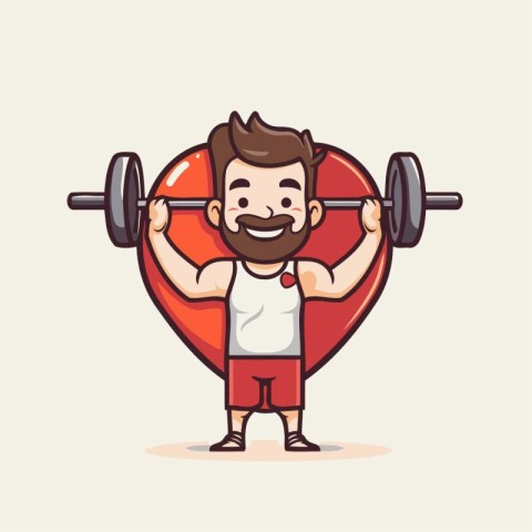 Fitness man holding barbell in heart shape. Vector illustration.