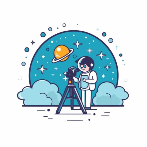 Astronaut with telescope. Vector illustration in flat linear sty