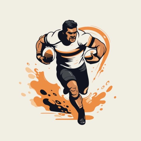 Rugby player running with ball in hand. Vector illustration.