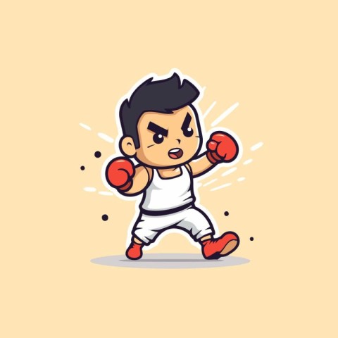 Boxing boy cartoon character vector illustration. Boxer kick box