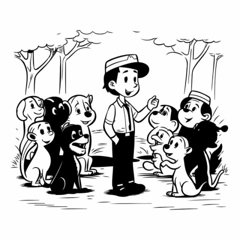 Cartoon illustration of a police officer with a group of dogs.