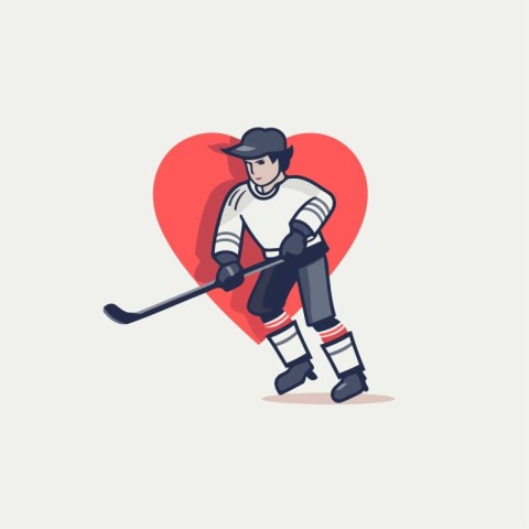 Hockey player with a stick and a red heart. Vector illustration.