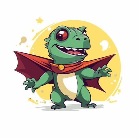 Cute green dragon with red cape and cloak. Vector illustration.