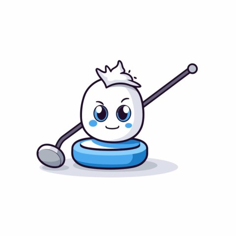 Cute cartoon snowman holding a hockey stick. Vector illustration