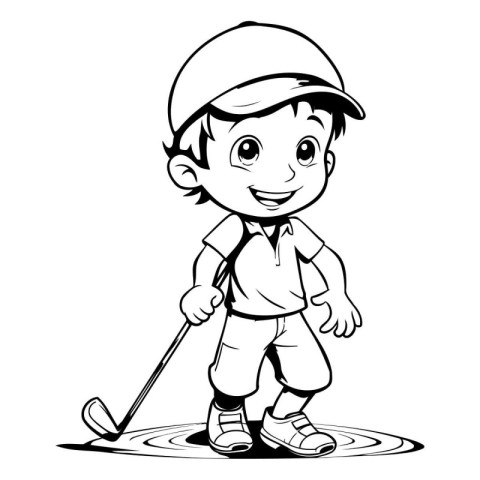 Little boy playing golf - Black and White Cartoon Illustration.