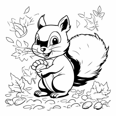 Squirrel with acorn and autumn leaves. black and white vector il