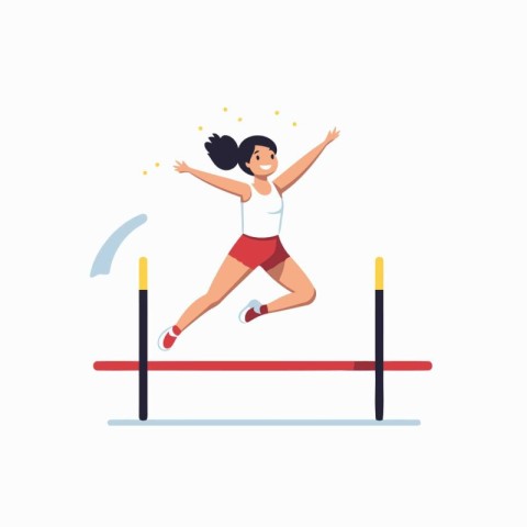 Athletic girl jumping over hurdle. Flat vector illustration.