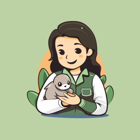 Veterinarian woman holding a cute little dog. Vector illustratio