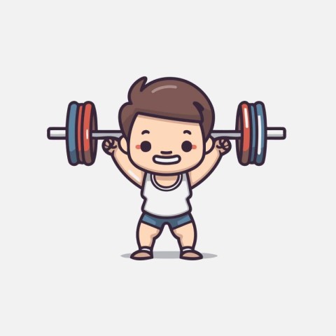 Cute little boy lifting barbell cartoon character vector design.