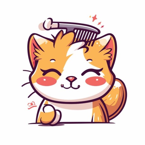 Cute cat combing his hair. Vector illustration in cartoon style.