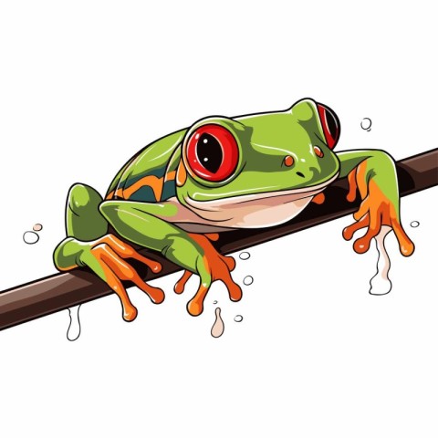 Funny green frog sitting on a branch. Cartoon vector illustratio