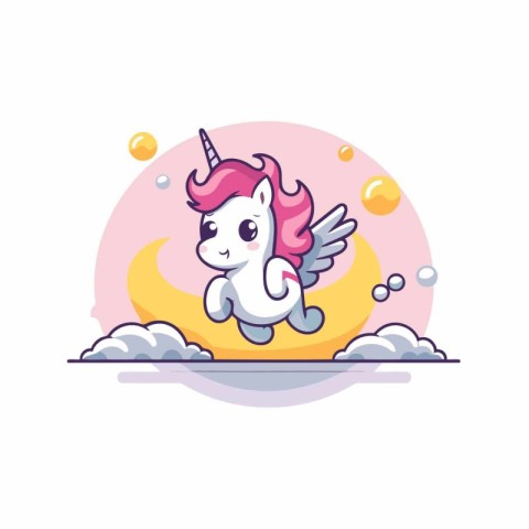 Cute unicorn flying on the moon. Vector illustration in cartoon