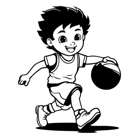 Little boy playing basketball - black and white vector illustrat