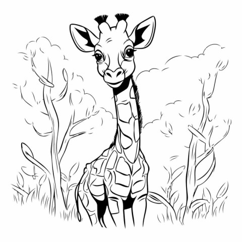 Giraffe in the savannah. black and white vector illustration