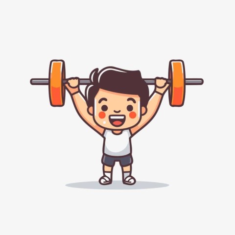 Fitness boy lifting barbell cartoon doodle vector illustration.