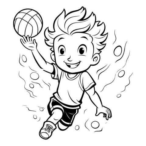 Boy Playing Volleyball - Black and White Cartoon Illustration. V