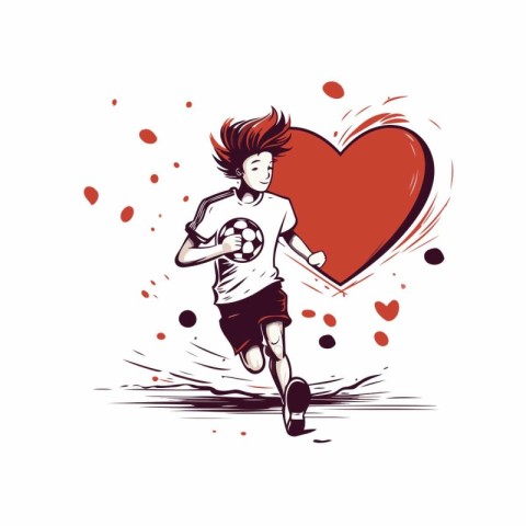 Soccer player with ball and heart. Hand drawn vector illustratio