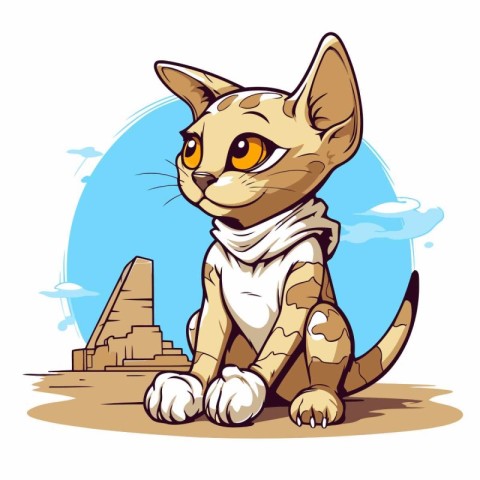 Cute cat sitting on the background of Egyptian pyramids. Vector