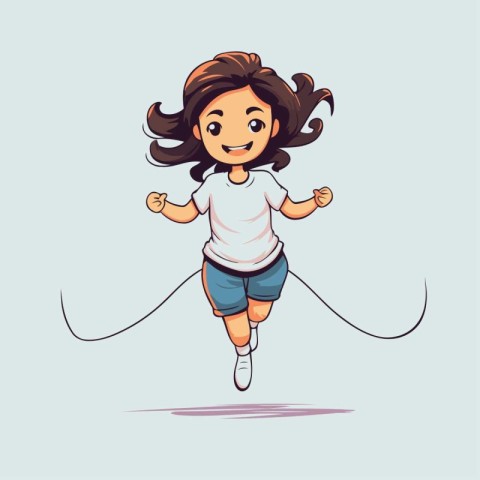 Cute girl running with skipping rope. Vector cartoon illustratio