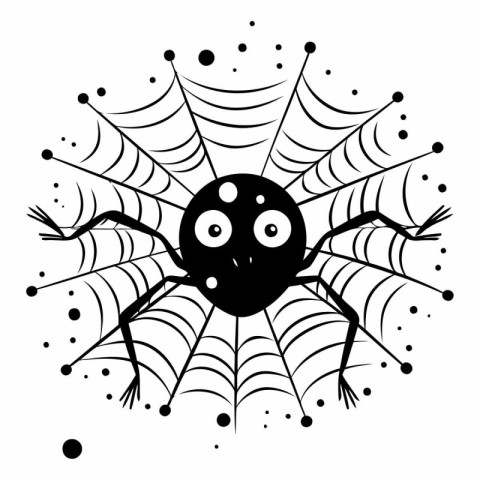 Spider on the web. Black and white vector illustration. Isolated