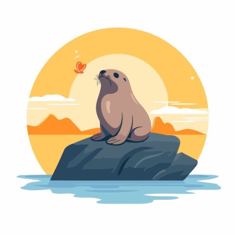 Cute seal on a rock. Vector illustration in cartoon style.