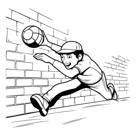 Black and White Cartoon Illustration of Man Playing Volleyball w