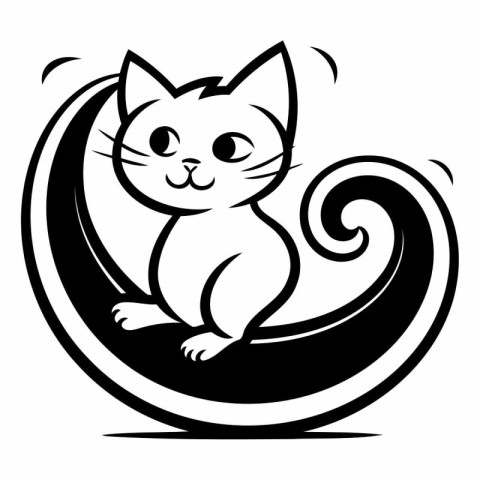 Cute cat sitting on the moon. Black and white vector illustratio