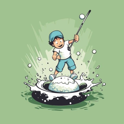 Cartoon boy playing golf. Vector illustration of a boy playing g