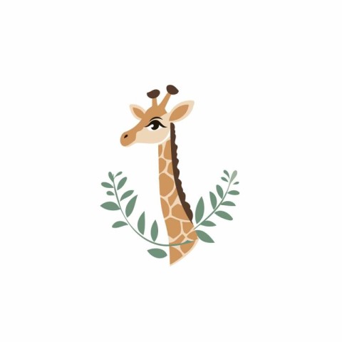 Cute giraffe with leaves. Vector illustration in flat style.