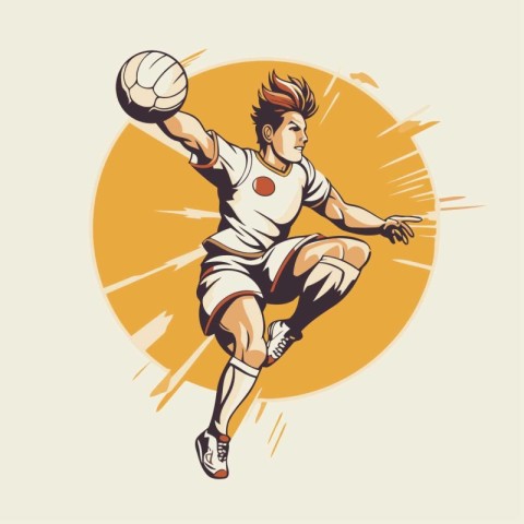 Soccer player with ball in action. Vector illustration in retro