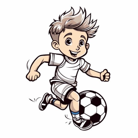 Cartoon soccer player running and kicking the ball. Vector illus