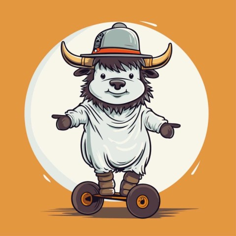 Funny cartoon bull riding on a skateboard. Vector illustration.