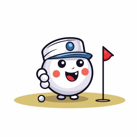 Golf ball character with cap and flag. Cute cartoon vector illus