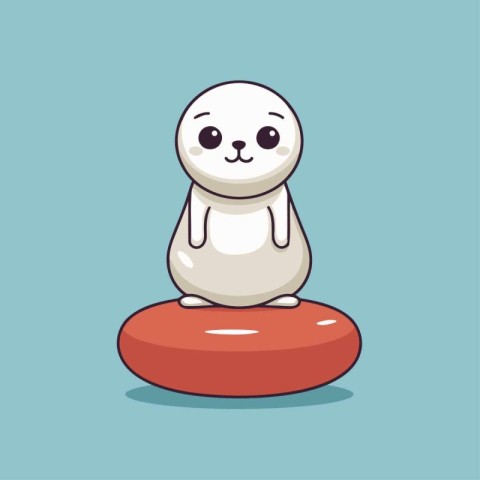 Cute cartoon seal sitting on the red stone. Vector illustration.