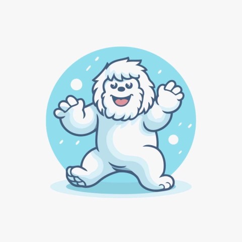 Cute cartoon white poodle in blue circle. Vector illustration.