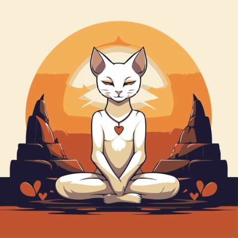 Cat sitting in lotus position on sunset background. Vector illus