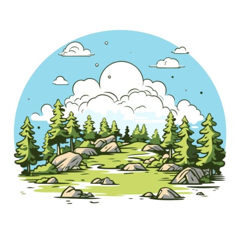 Landscape with forest and river. Vector illustration in cartoon