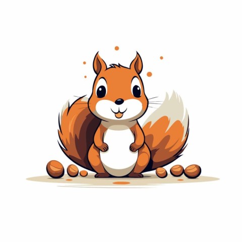 Cute squirrel sitting on the ground with nuts. Vector illustrati