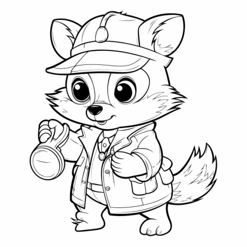 Black and White Cartoon Illustration of Cute Fox Detective Anima