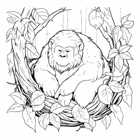 Gorilla in the nest. Vector illustration for coloring book.