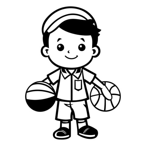 Cute little boy playing basketball. Black and white vector illus