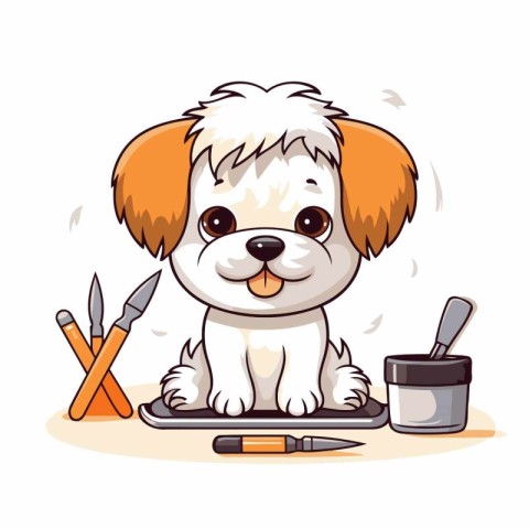 Cute little dog with a brush and a palette. Vector illustration.