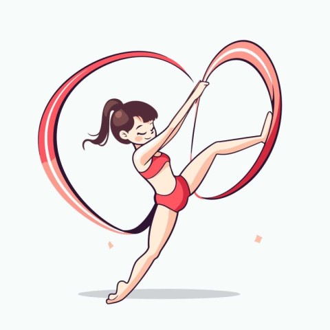 Gymnast girl in red swimsuit doing gymnastic exercise with hoop.