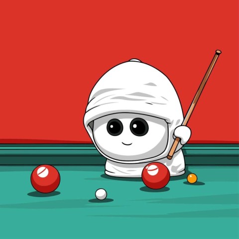 Cartoon billiard player with a cue and balls. Vector illustratio