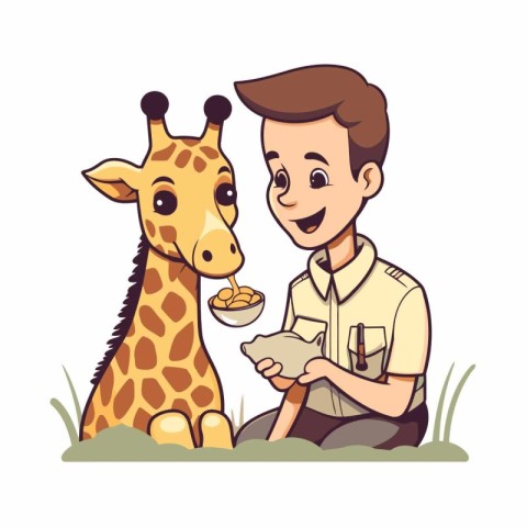 Vector illustration of a young man feeding giraffe. Flat style.