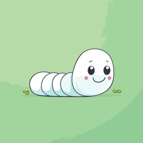 Cute cartoon white worm on a green background. Vector illustrati