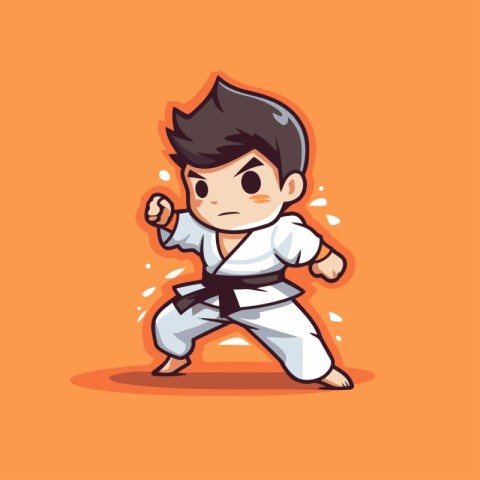 Taekwondo boy cartoon character. Vector illustration on orange b