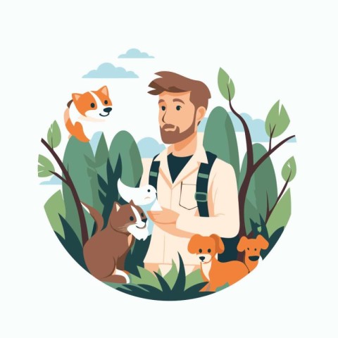 Vector illustration of a man with a dog in the park. Flat style.