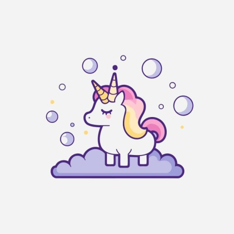 Cute unicorn with bubbles. Vector illustration in flat linear st