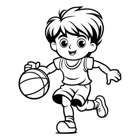 Cute boy playing basketball - black and white vector illustratio